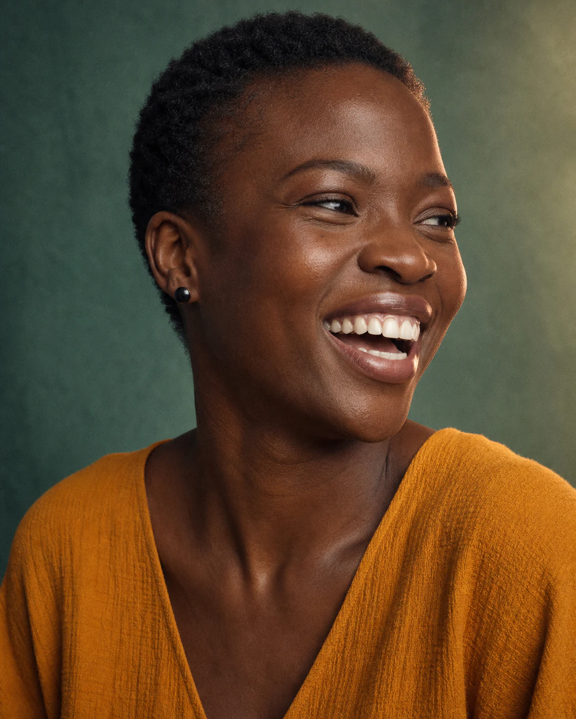 Smiling portrait in warm jade and marigold tones